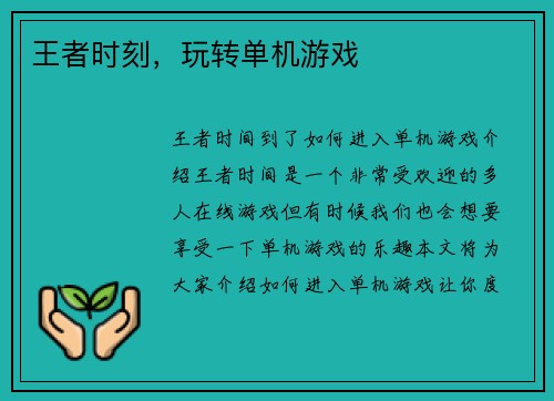 王者时刻，玩转单机游戏